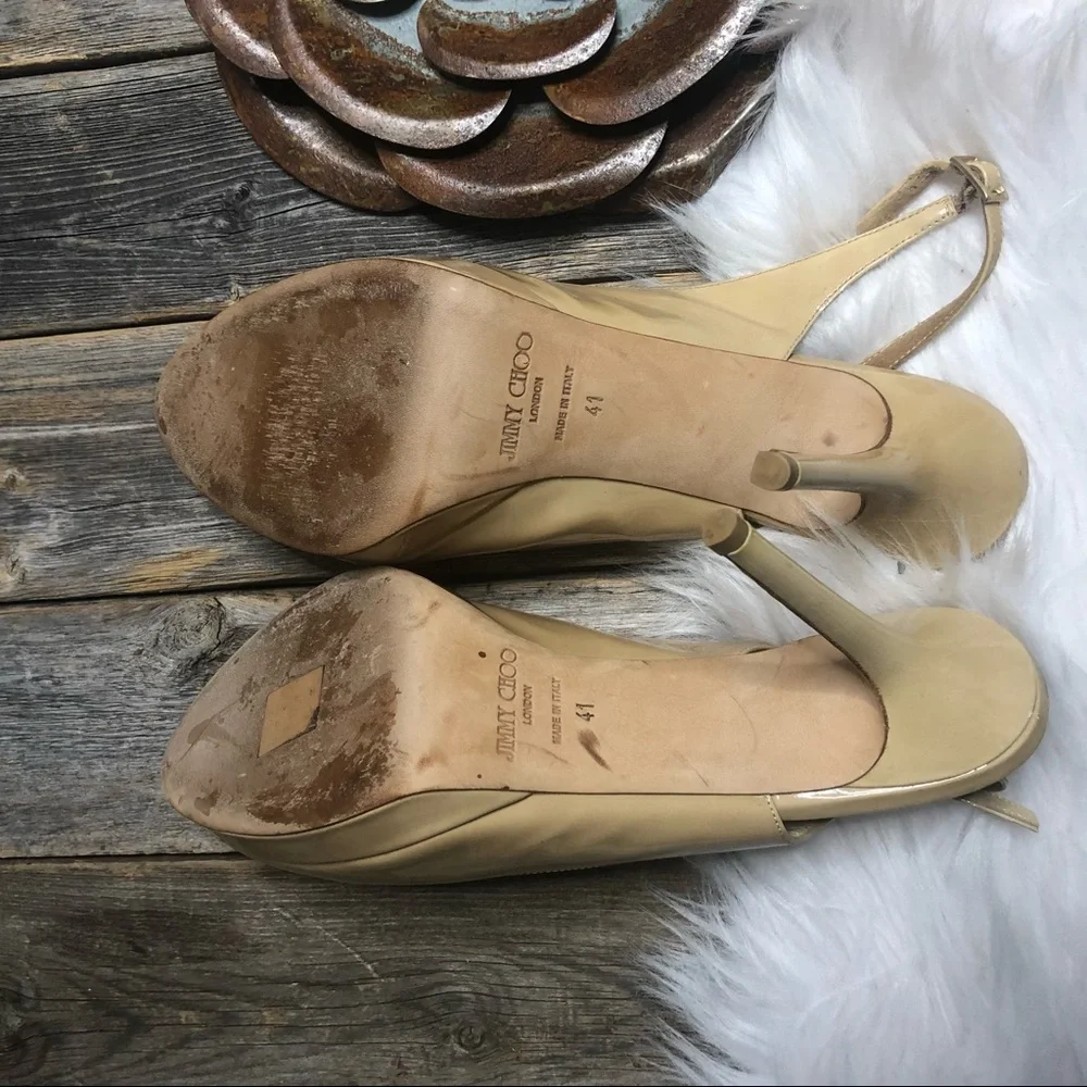 Jimmy Choo Beige Patent Leather Peep-Toe Slingback Heels